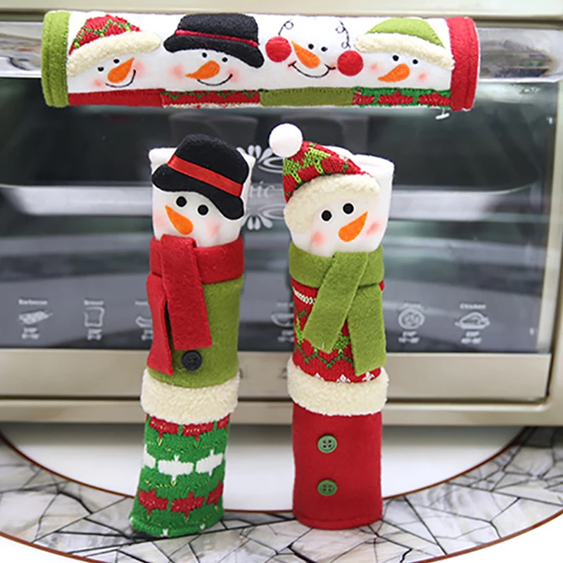 

3pcs/set Christmas Decoration Kitchen Refrigerator Microwave Oven Door Handle Knob Cloth Covers Snowman Pattern Design