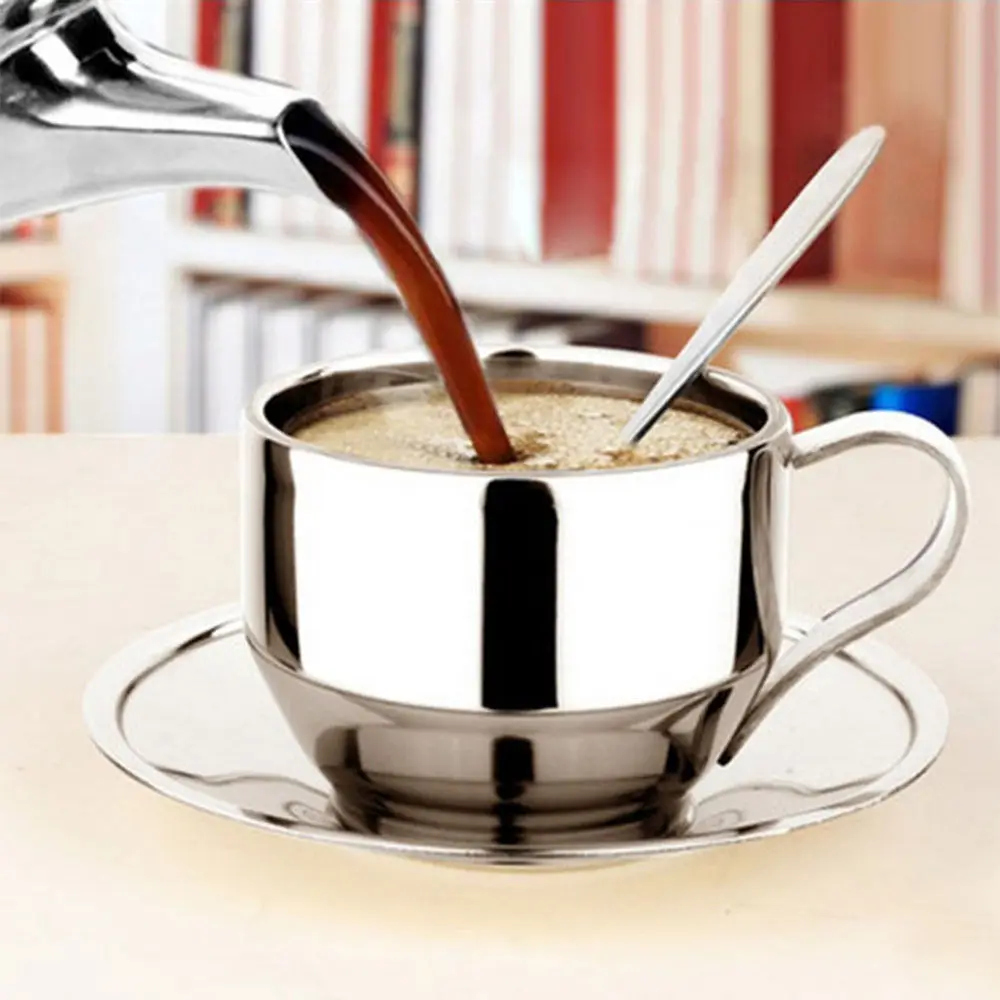 Stainless Steel Doubledeck Coffee Cup Sets Milk Coffee Cup Mugs Spoon Tray  t