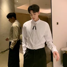 Мужская повседневная приталенная рубашка с длинным рукавом и цепочкой, Мужская Уличная Модная рубашка в стиле хип-хоп, вечерние рубашки, весенняя одежда