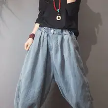 Женские винтажные свободные джинсовые штаны больших размеров с эластичной резинкой на талии, Ретро стиль, женские джинсовые брюки выше размера d, женские джинсы