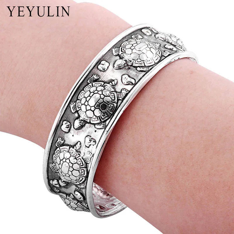 Дизайн тибетский серебристый цвет сплав черепаха широкие браслеты для женщин Открытый браслет ювелирные изделия подарок