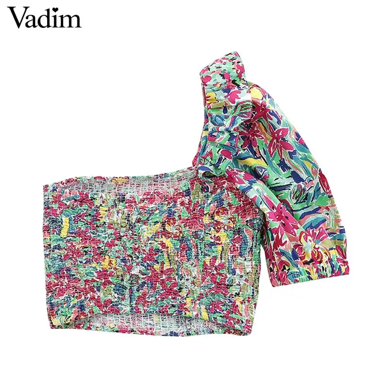Vadim, Женский Стильный укороченный топ с красочным принтом, рубашки с одним плечом и оборками, короткий дизайн, женская модная блузка, шикарные топы DA535
