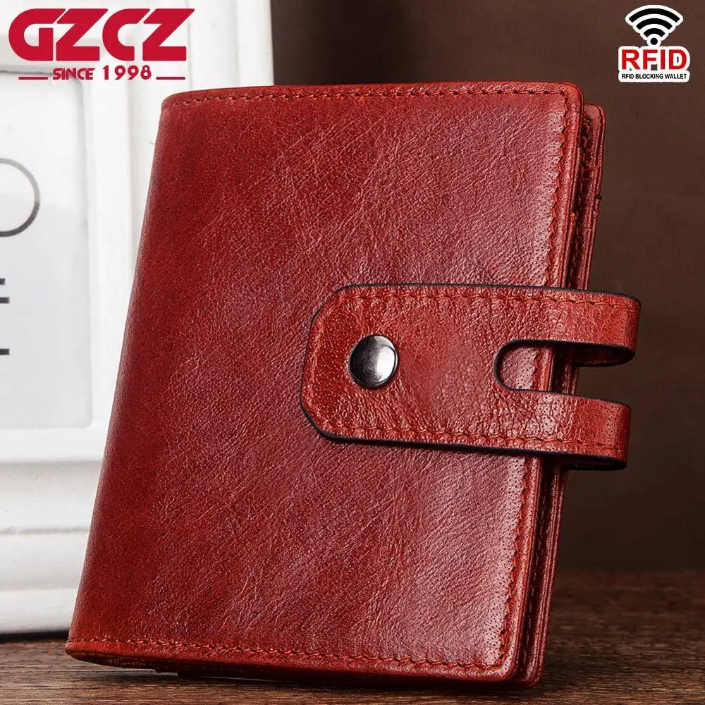 

Genuine Leather Rfid Blocking Card Protector Wallet Red Photocard Holder for Name Business Identity Card Cover Luxury Brand
