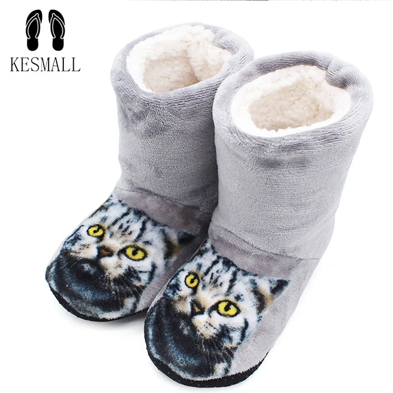 

KESMALL Women Slippers 3D Cat Print Slippers Floor Thick Warm Winter Slippers Zapatos Mujer Home Indoor Plush Flat Plush Shoes
