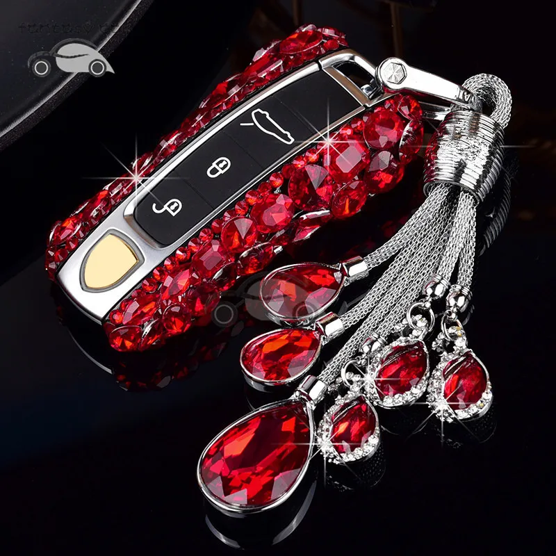 

Beautiful Crystal Car Key Cover Shell For Porsche Cayenne 2019 Keys Styling Case with Keychain for Women