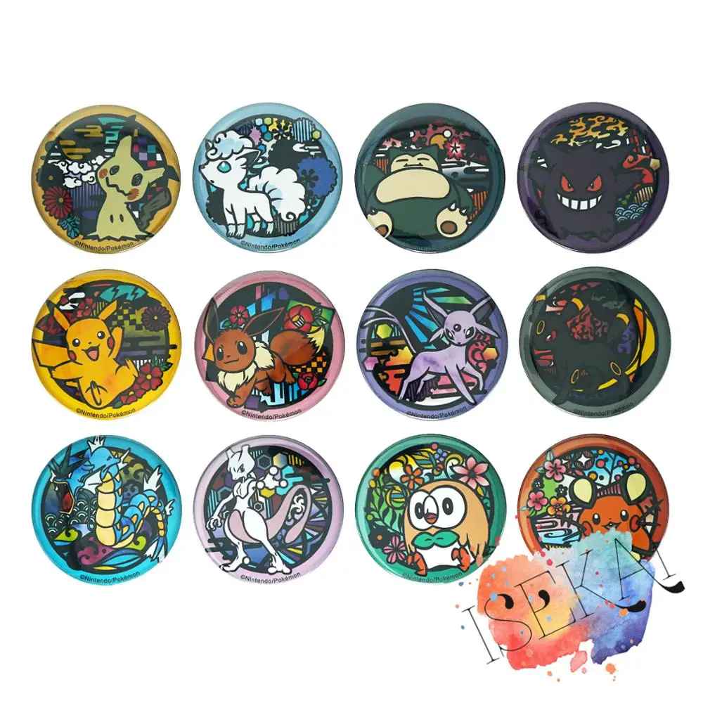 

Pocket Monster Anime Mimikyu Volpix Snorlax Gengar Pikachu Eevee Espeon Umbreon Gyarados Mewtwo Rowlet Metal Badge Brooch Pins