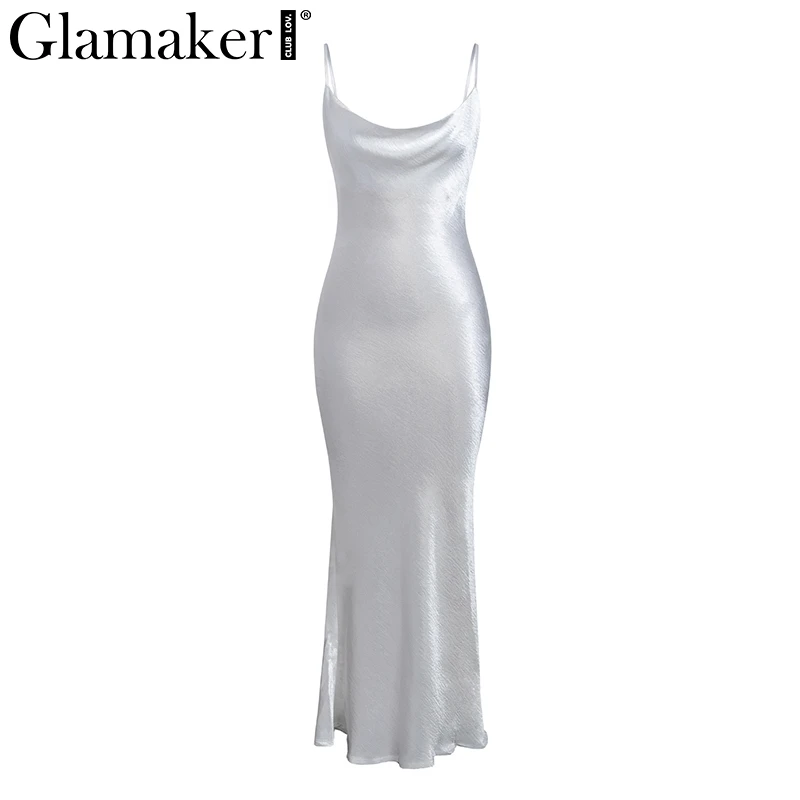 Glamaker, Золотое сатиновое сексуальное платье на шнуровке, женское Модное Длинное Платье с открытой спиной для вечеринки, элегантное мягкое платье макси в стиле ретро для ночного клуба - Цвет: Белый