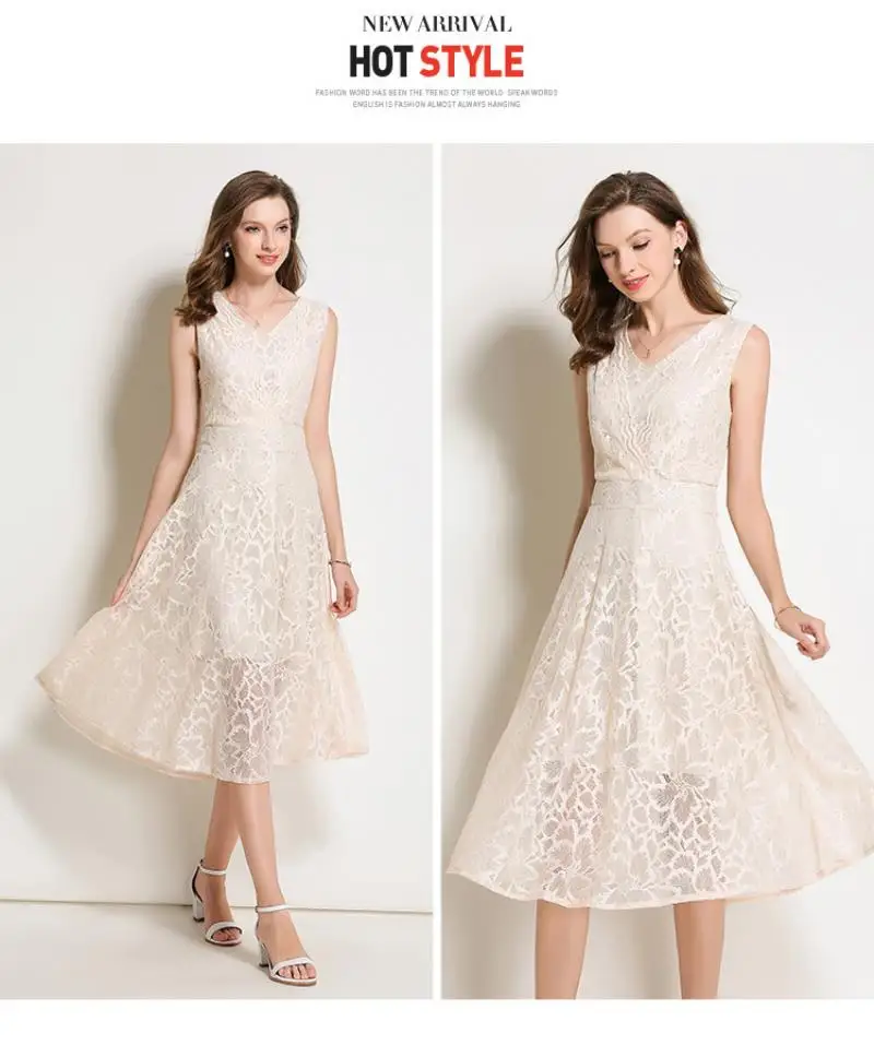 2018 Summer Lace Dress Work Casual Slim Work Women Party Dresses V-neck Sexy Hollow Out A-line Vintage Vestidos
