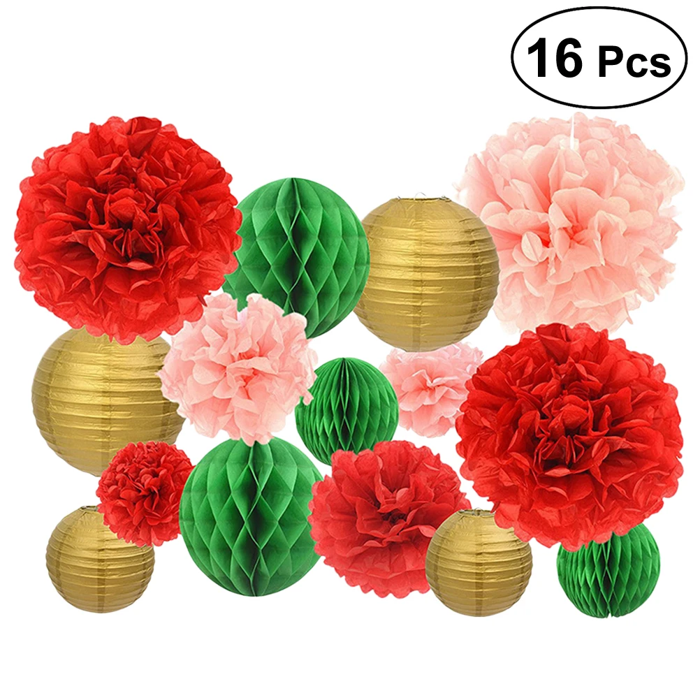 

16 Pcs Pom Pom Craft Paper Flower Lantern Garland for Wedding Party Decoration