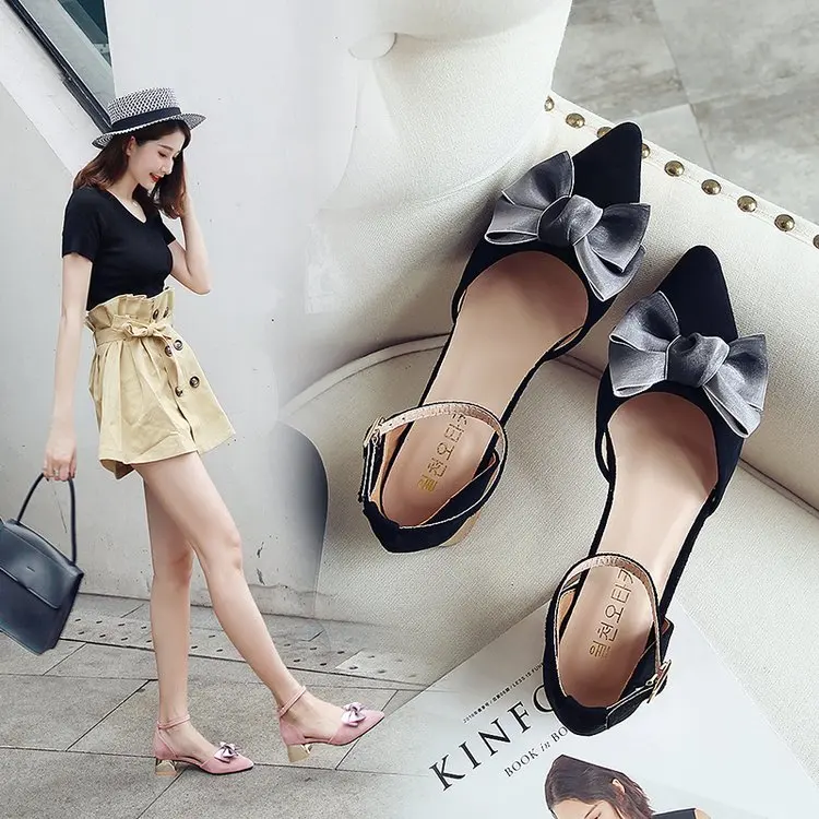 rose Concise Peu Élégant Coréenne Doux Arc Hauts Talons Épais 2019 Profonde Mode Sauvage Printemps Chaussures Noir Bouche Avec Beauté Simples Nouvelle xpqxORwA0Y