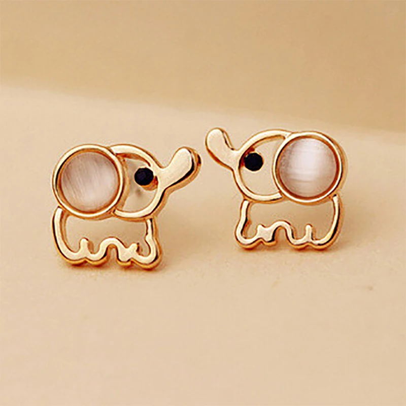 

Women Men Gold Color Elephant Stud Earrings White Pink Rhinestone Cat Eye Stone Opal Earring Ear Jewelry Accessories Pendientes