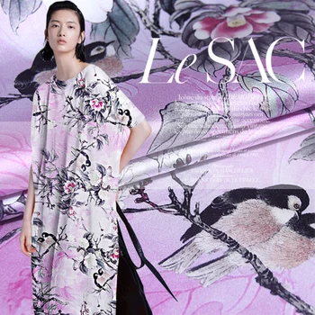 

free delivery! Digital Printing orioles stretch silk fabrics at wholesale high-grade silk clothing cloth