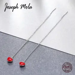 Джозеф мола 925 пробы серебро милый красный Сердце Длинные серьги падения для Для женщин Fine Jewelry вечерние знакомства подарок