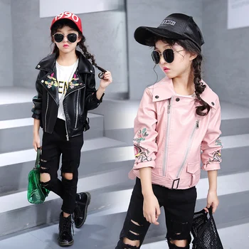 

Fashion PU Leather Jackets for Girls 2018 New Autumn Spring Kids Coat 4 6 7 8 9 10 11 12 13 14 Years Childrens Outerwear