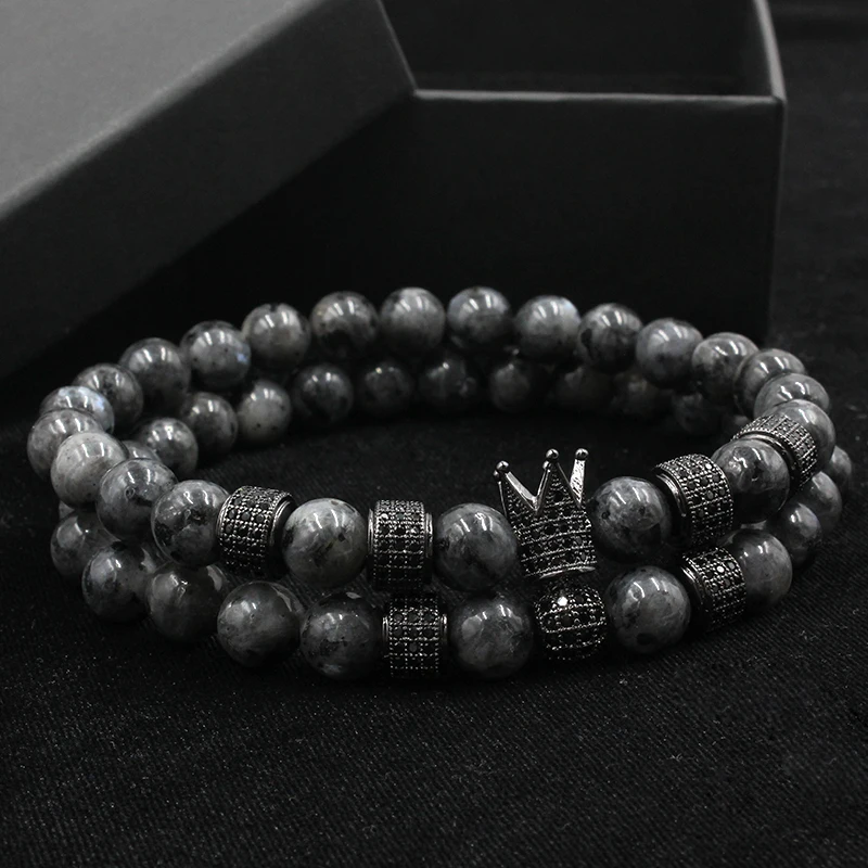 Cena Norooni 2018 2 sztuk zestaw Uxury moda korona Charm bransoletka z kamienia naturalnego dla kobiet i mężczyzn Pulseras Masculina prezenty prezent