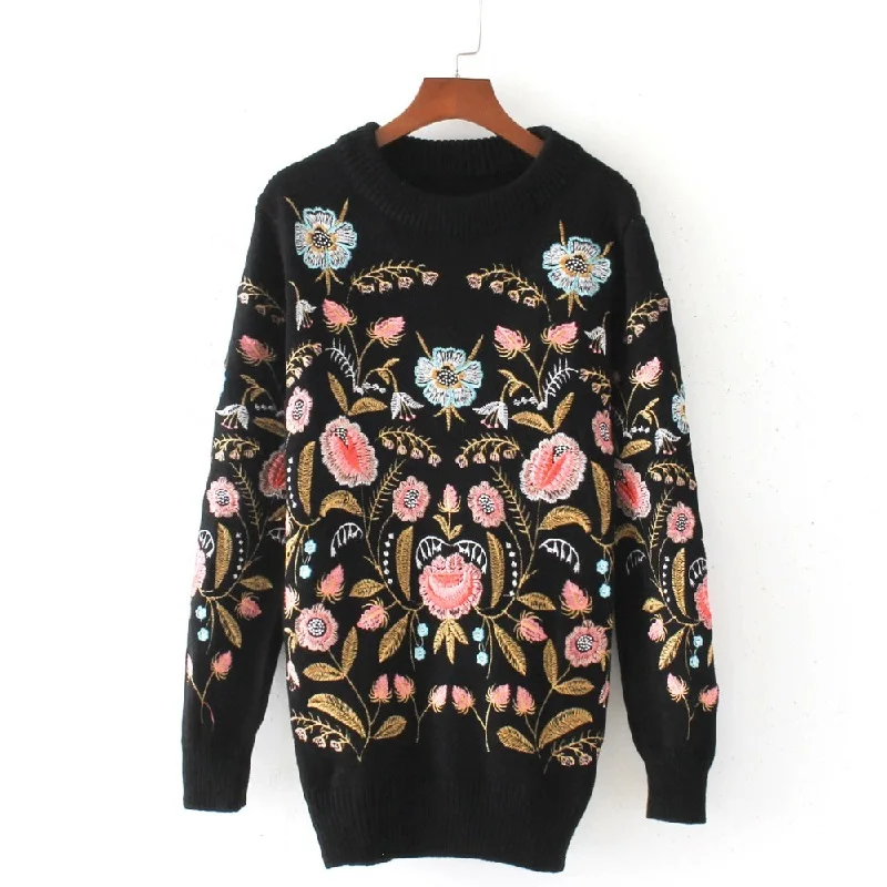 Осень зима черный вязаный свитер пуловер женский подиумный дизайн цветочный вышивка длинный рукав женский джемпер свободная одежда