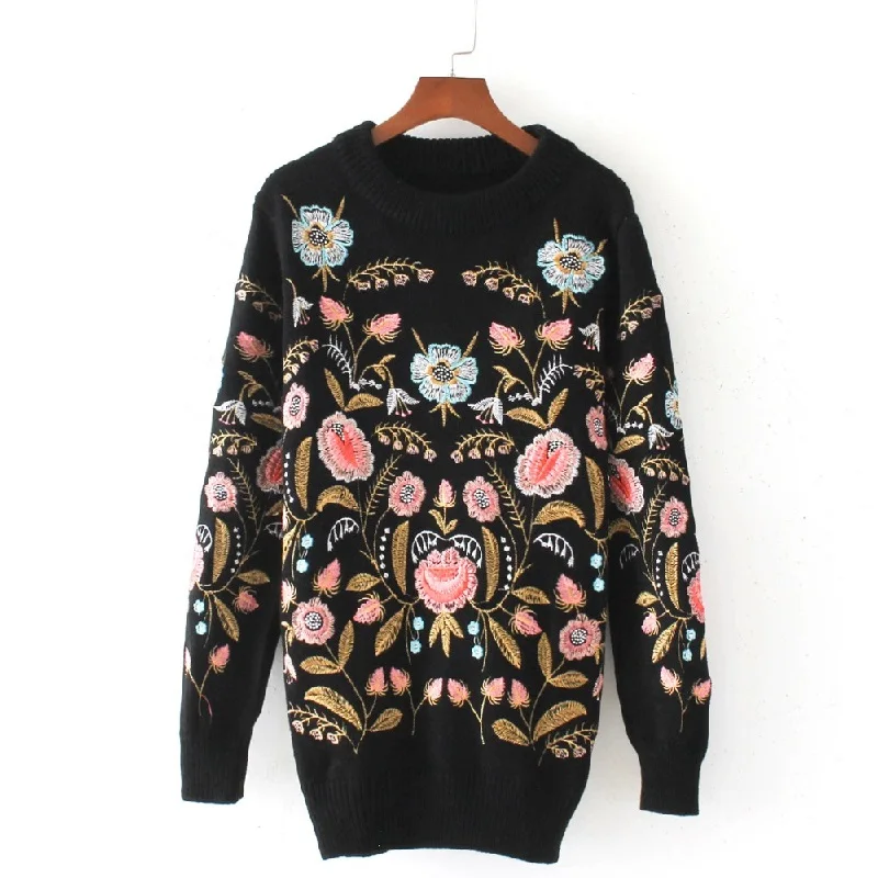 2020 Autumn Winter Black Knitted Sweater Pullover Women Runway Design Floral Embroidery Long Sleeve Female Jumper Clothing Loose | Женская