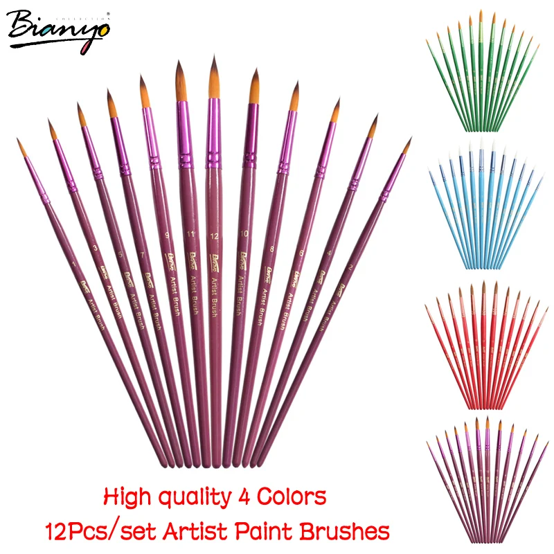 Kopen Bianyo 12 stks ronde vorm nylon haar 4 kleuren houten handvat penseel set voor art school aquarel acryl schilderen levert