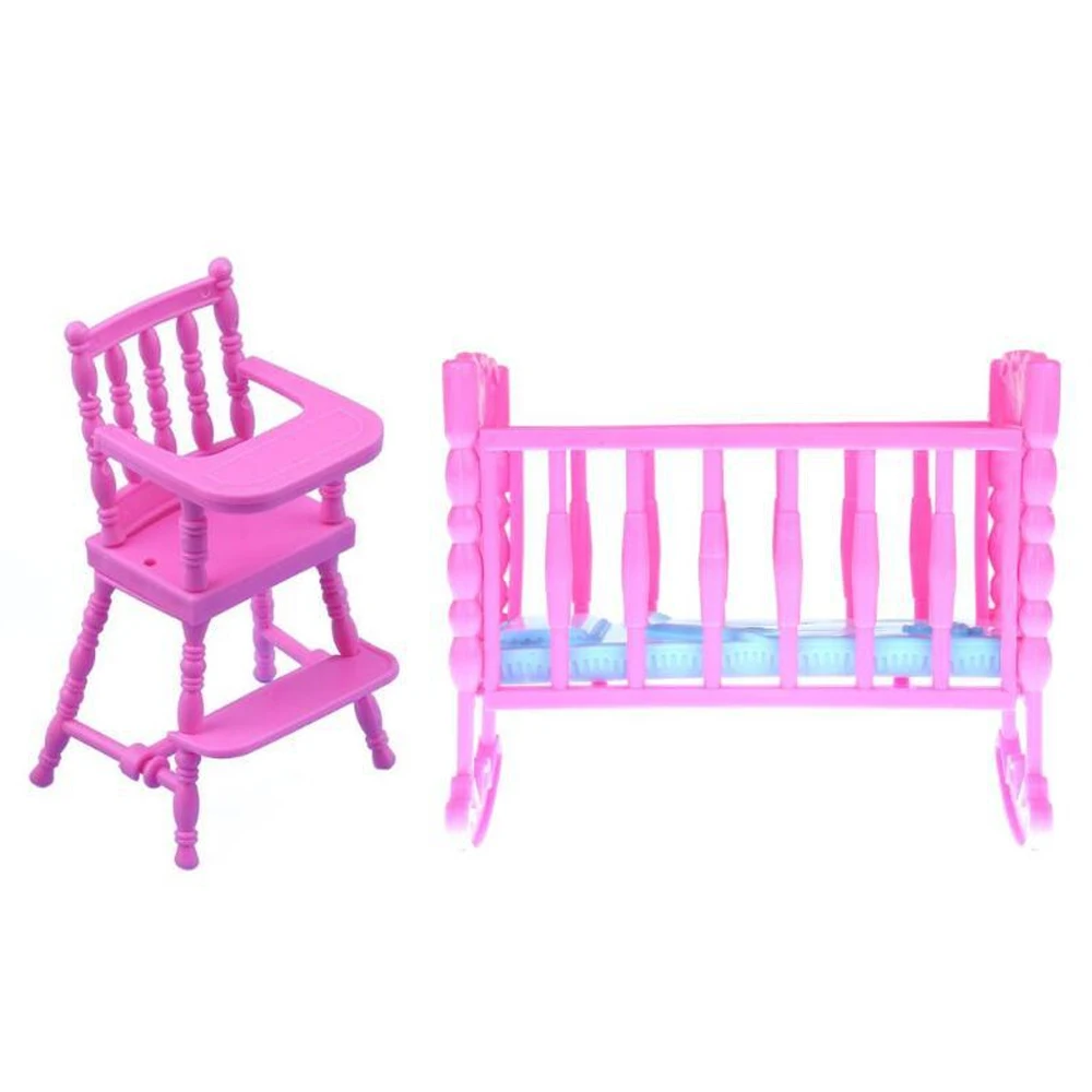 

Cute Plastic Doll House Furniture Accessories Set Simulation High Chair + Doll Cradle Bed for Children Girl Kids Toddlers Gifts