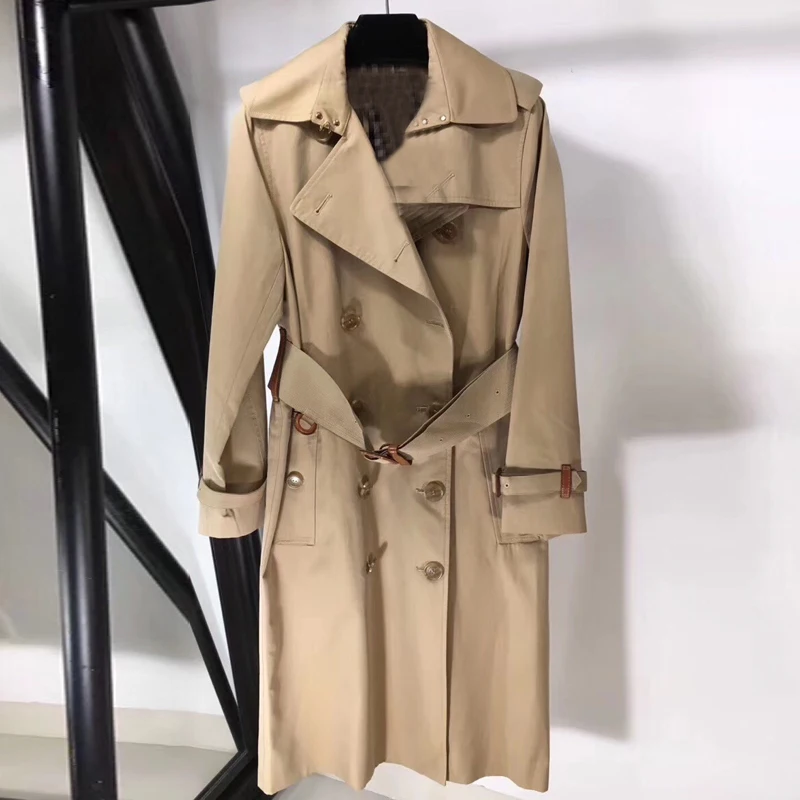 

Women Casual Solid Color Double Breasted Outwear With Sashes Office Coat Women Long Trench Coat Lady