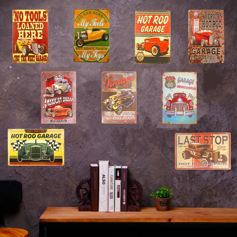 

Retro Vintage Metal Sign Plaque Garage Car Motor Art Poster Route 66 Motorcycle With Striking Man Cave Home Wall Decor