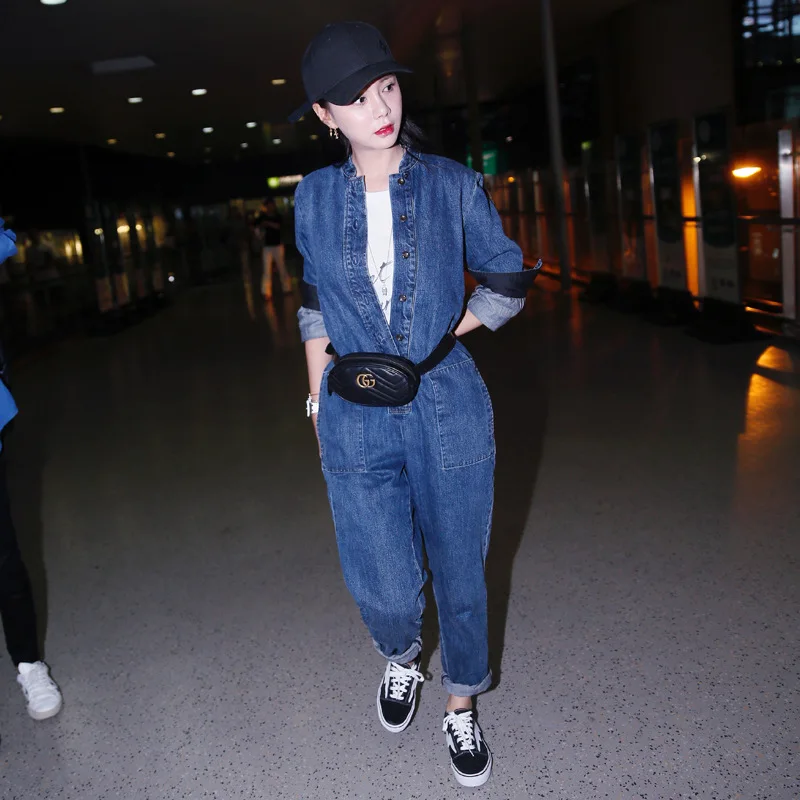 

Women fashion casual loose stand collar overalls jeans cargo pants denim