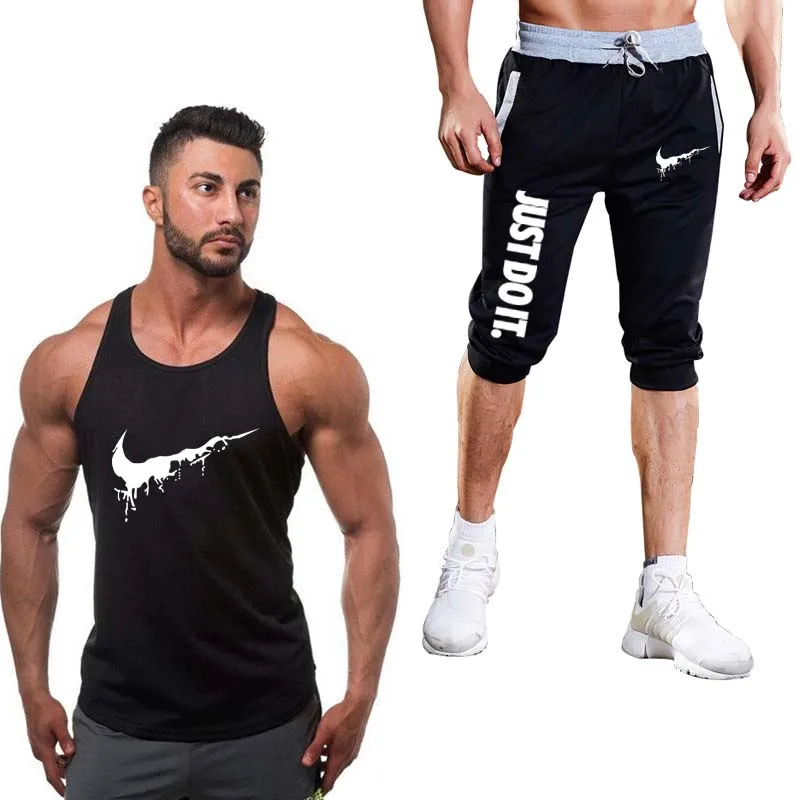 

2019 New Summer Men Set 2PC Sporting Suit short pant+tank top Two Piece Set Sweatsuit chandal hombre jogging homme Suit