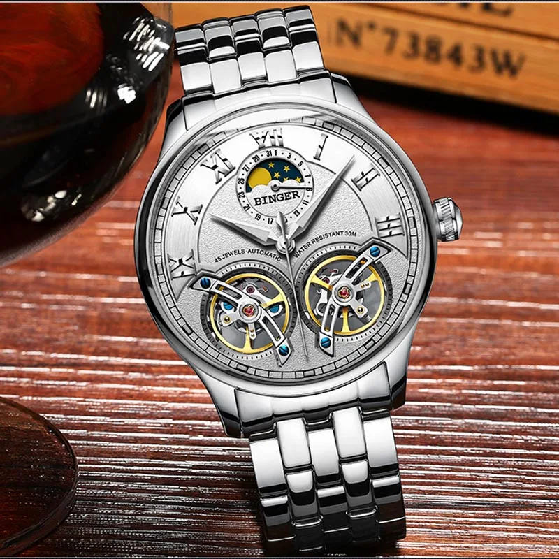 Двойной турбийон швейцарские бренды часы Бингер оригинальные мужские автоматические часы самоходные Модные мужские механические наручные часы - Цвет: Steel White Silver