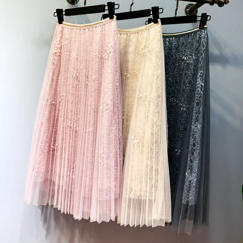 Litfun модная Цветочная Тюлевая кружевная юбка Женская высокая эластичность талии ретро жемчужина бисером сетчатая юбка в складку пачка для женщин