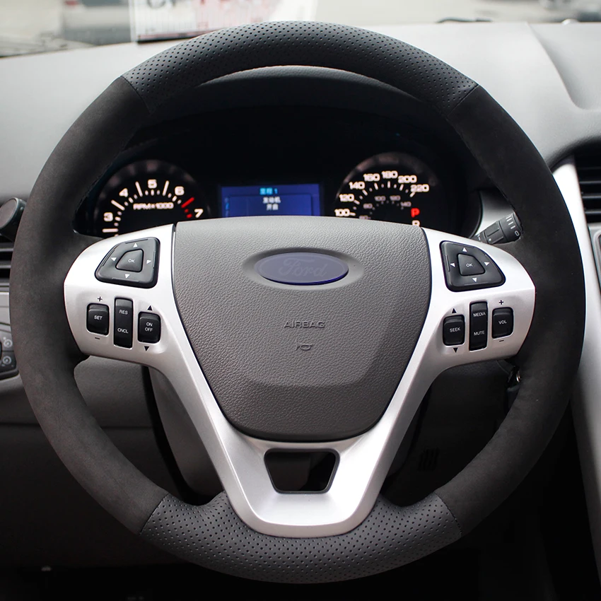 Black Natural Leather Black Suede Car Steering Wheel Cover for Ford