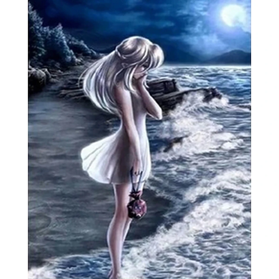 

Embroidery 5D Diamond Cross Stitch Girl Sea Painting Moon Scenery Home Decor Full Square Drill Mosaic Picture Handmade Wall Art