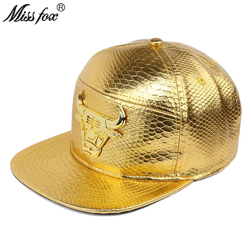 Missfox, хип-хоп, 18 К, позолоченные мужские шапки и кепки с головой быка, плоские поля, узор «крокодиловая кожа», уличные головные уборы, мужские кепки