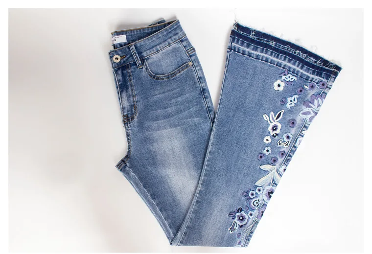LOGAMI/узкие джинсы с цветочной вышивкой, женские винтажные расклешенные джинсовые штаны, женские Джинсы 4XL размера плюс