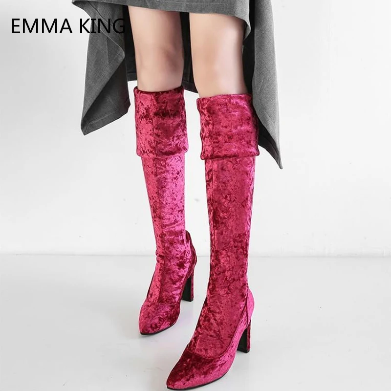 

New Winter Botas Mujer Pointed Toe Stretch Over The Knee Boots Women Thick High Heels Large Size Knee High Boots For Ladies