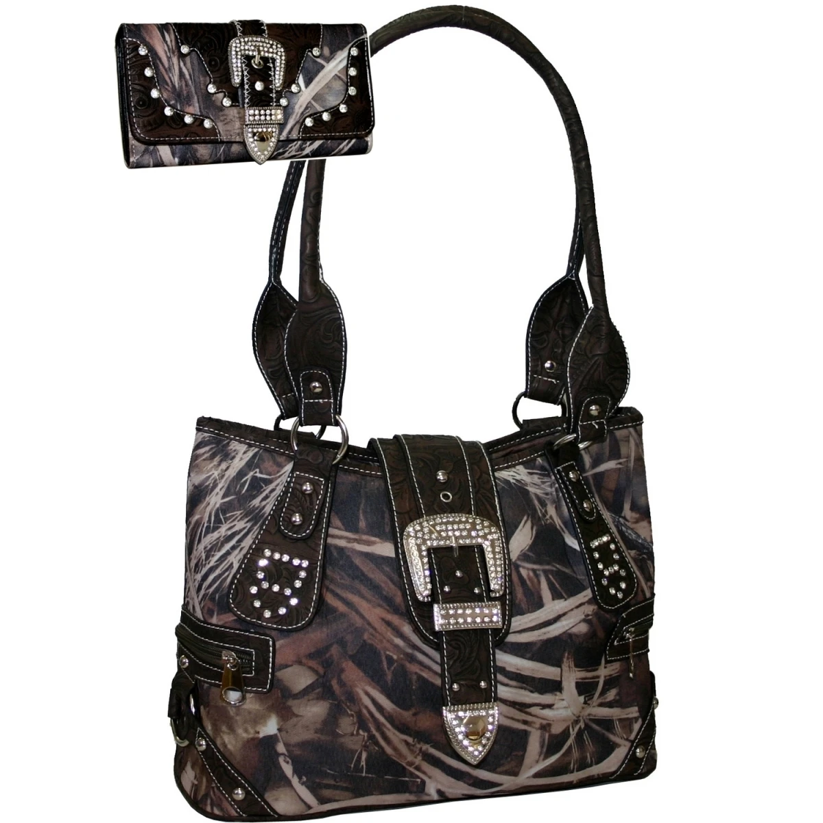 Gold Rush BT925WB80SET-CAM Western Camouflage Buckle Accent Purse Wallet Set with Brown Trim - Camo contrast trim glitter wallet