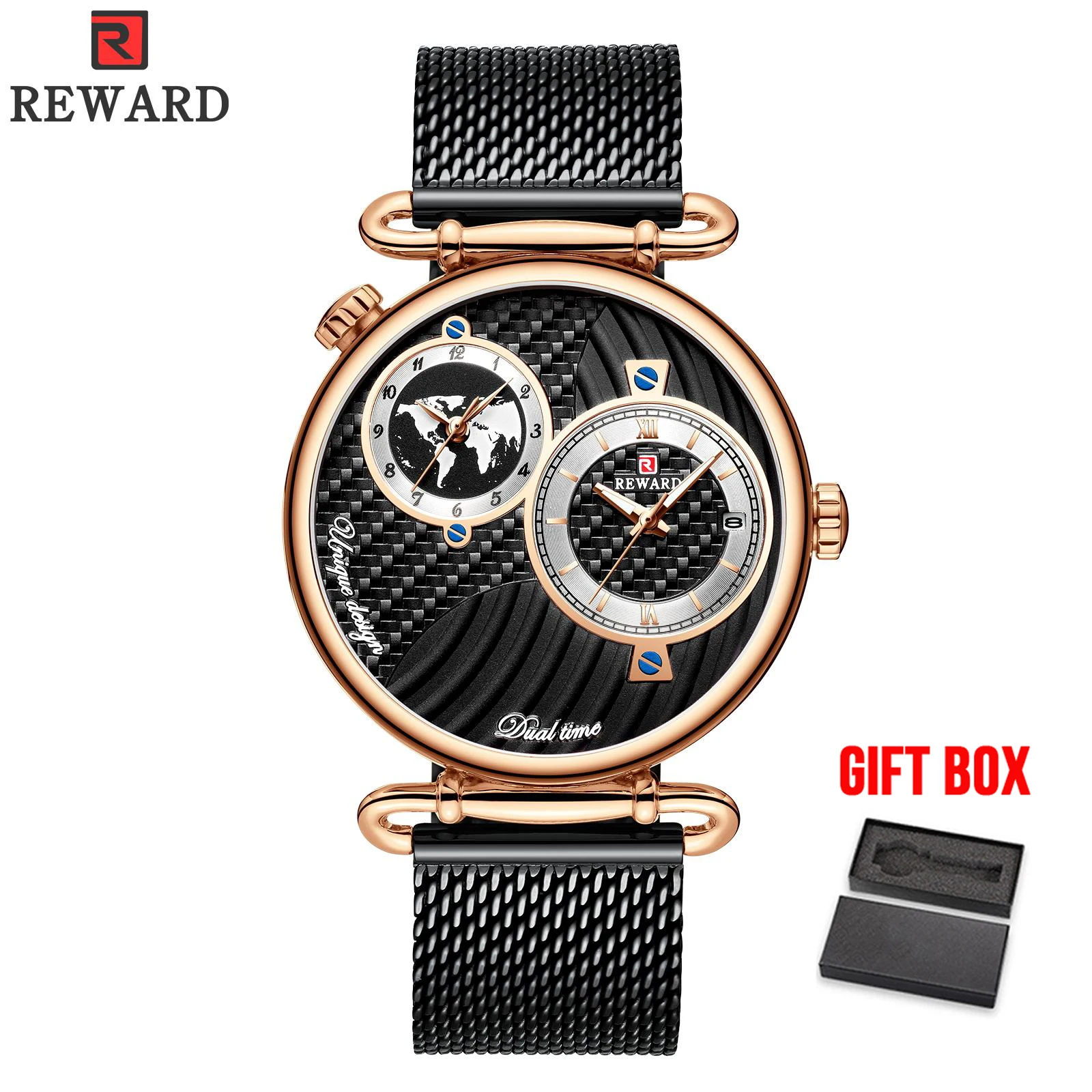 Наградные мужские часы, ультра-тонкие водонепроницаемые кварцевые часы для мужчин, двойной дисплей времени, Топ бренд, спортивные наручные часы, мужские часы - Цвет: rose black box
