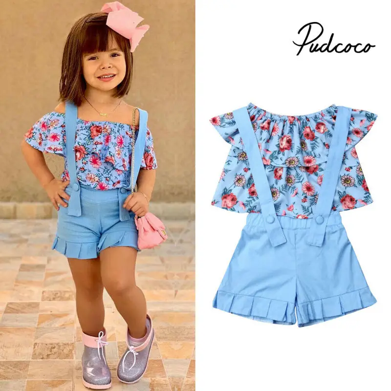 

Girls Clothes Suits 2019 New Summer Style Children Floral Tops + Overalls Suit Clothes Sets For 1-6T Kids Ruffles Sleeve Sets