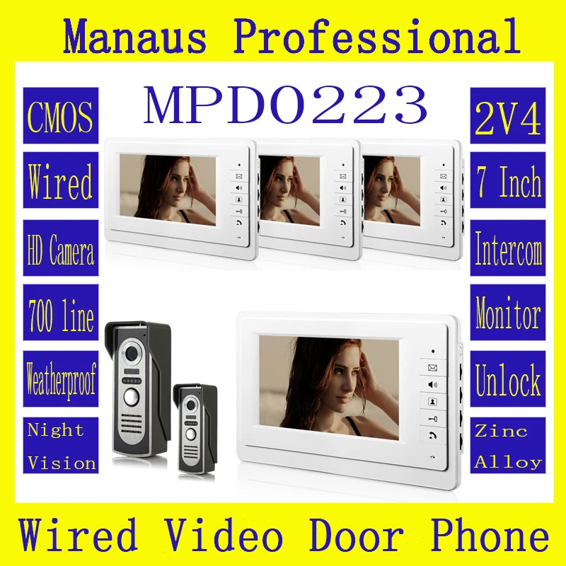 High Quality 7 inch Screen Keypad Display Video Intercom System Wired Magnetic Lock Two to Four Video Doorphones Device D223b