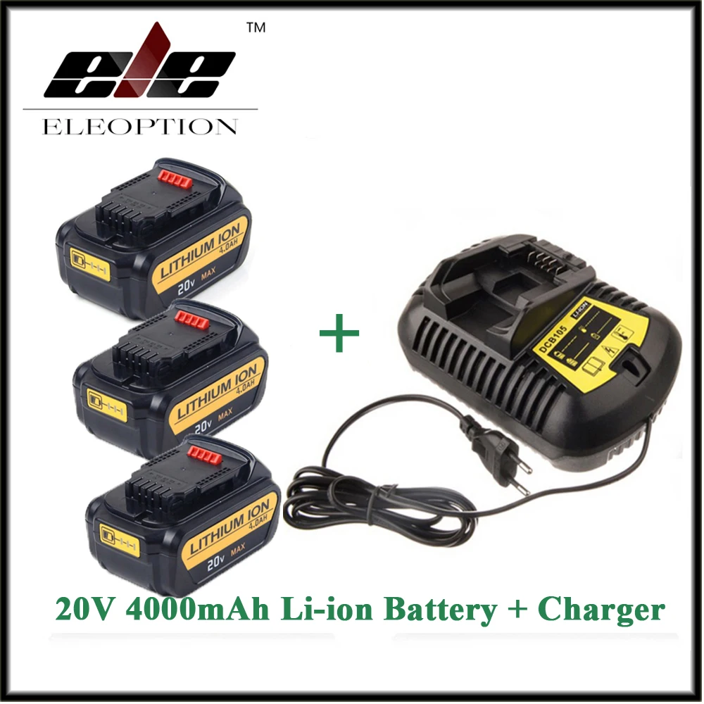 

3x Eleoption 20V 4000mAh Replacement Power Tools Battery for Dewalt DCB181 DCB182 DCD780 DCD785 DCD795 + 1x Charger