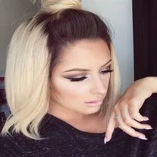 Short Ombre Hair Wig Latest Styles Blonde With Dark Roots Synthetic Wigs 2016 Fashion Lace Front Wig