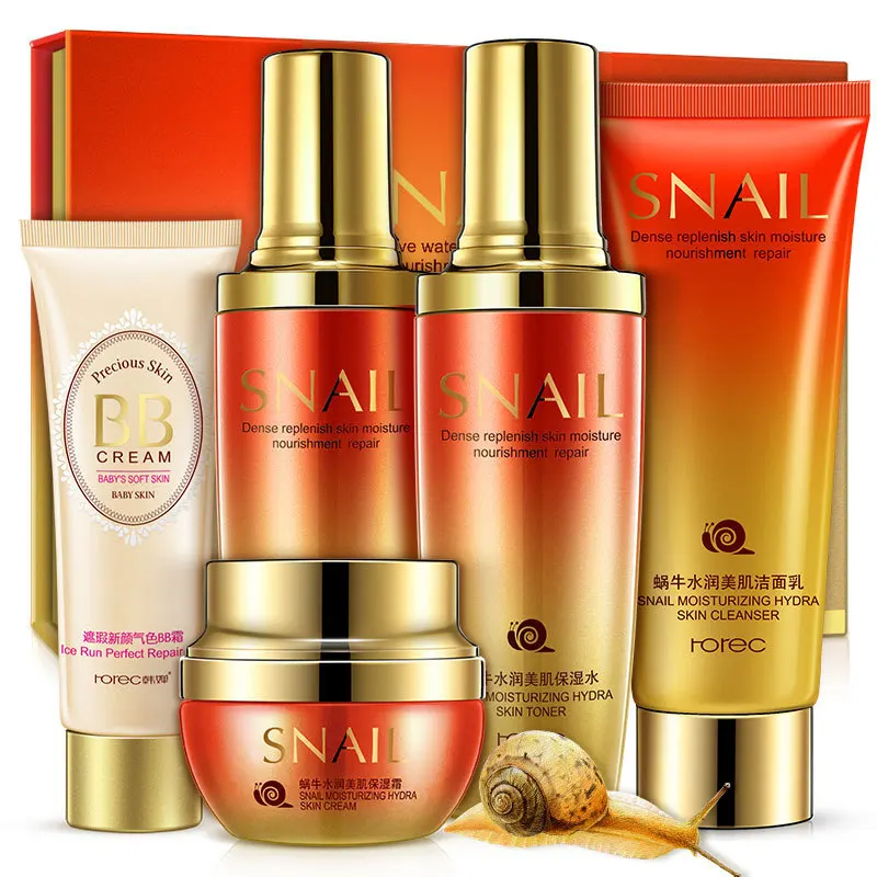

ROREC Snail Moisturizing & Beauty Set Skin Care Nourishing Anti-aging Brightening Cleanser, Toner, Lotion, Cream, BB Cream