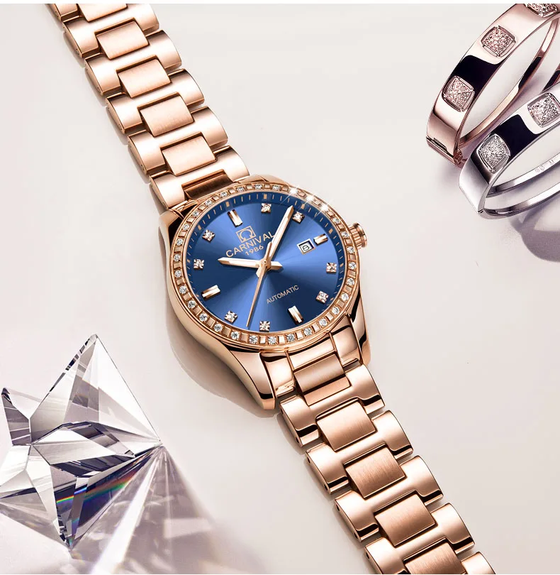 Sapphire Crystal Women Watches Fashion Ladies Watch For Women Bracelet Relogio Automatic Mechanical Clock Luxury reloj mujer - Цвет: Rose gold blue