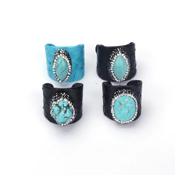 

Luxury Jewelry Blue Howlite Turquoises Bead Pave Rhinestone Charms Black Real Snake Leather Adjustable Open Ring Cuff Women Man