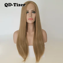 QD-Tizer блонд цвет шелковистые прямые волосы на кружеве парики бесклеевой термостойкий синтетический парик на кружеве для женщин