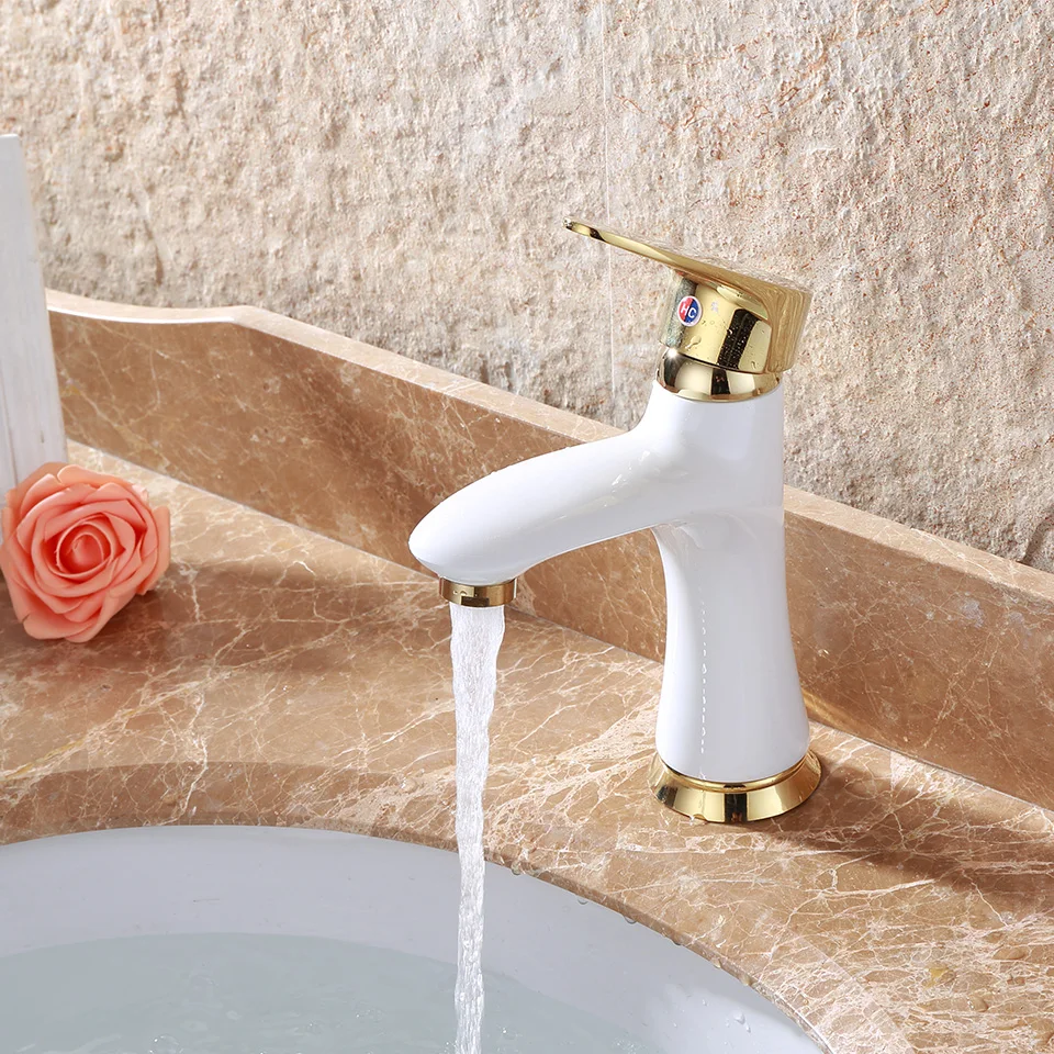 Bathroom Basin Baked White Paint Faucet Brass With Crystal Body