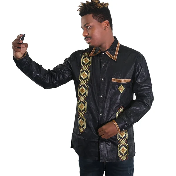 MD африканская мужская одежда с вышивкой Дашики рубашки с длинным рукавом Топы Базен африканская Футболка с принтом традиционная модная одежда - Цвет: Черный
