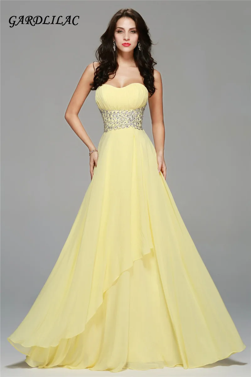 2019  Chiffon Long Prom Dresses Yellow Evening Gown Crystal Beads Belt Evening Pary Dress Beach Bridesmaid Dresses