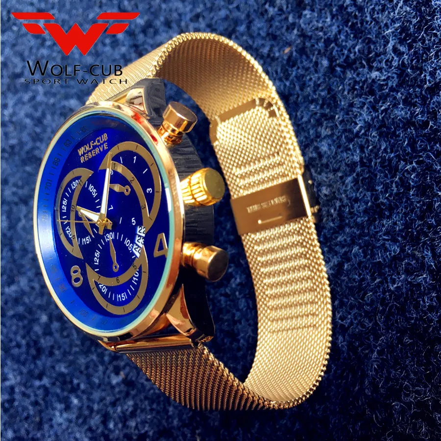 

Mens Watches Gold blue Casual Mesh Belt Watch Date Stainless Steel Mesh Strap relogio msaculino 30Bar Waterproof Quartz WOLF-CUB