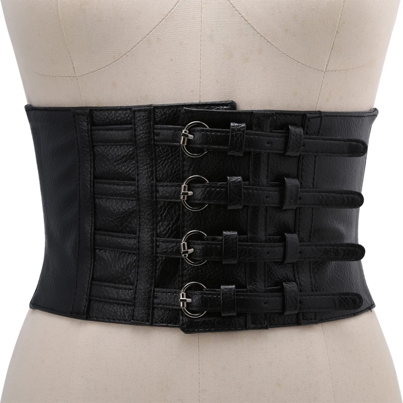 

New women ultra wide adjustable slim body corset belt black PU leather retro design comfortable elastic belts 2 way close