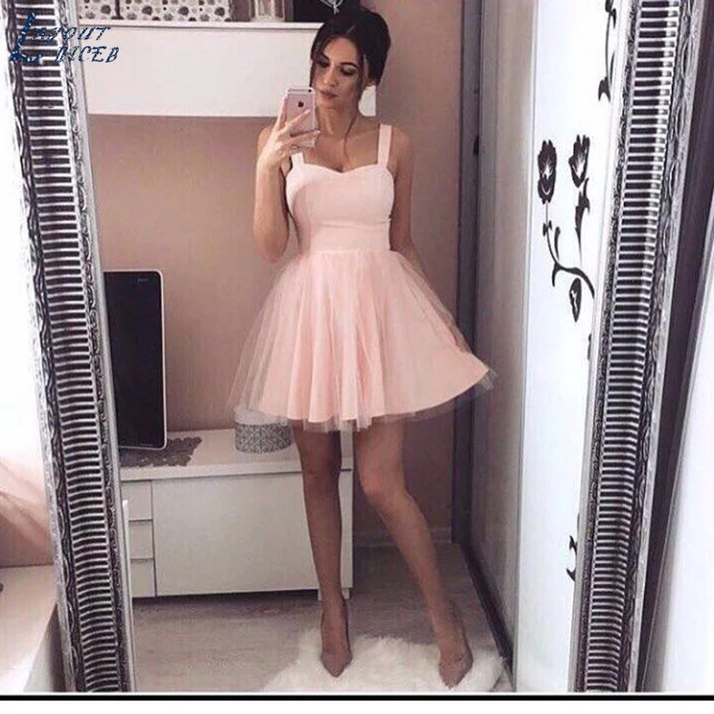 

SHJ588 Hot Sale Pink A-line Spaghetti Straps Homecoming Dresses 2019 Custom Made Tulle Elegant Evening Dresses